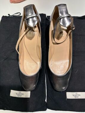 Valentino Garavani Metallic Silver Square-Toe Flats with Ankle Strap